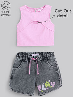 Hopscotch - Pink Cut-Out T-shirt & Denim Shorts