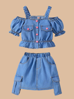 Hopscotch - Blue Ruffled Denim Blouse & Skirt