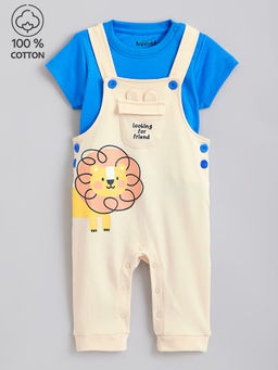 Hopscotch - Beige Cotton Animal T-shirt & Dungaree