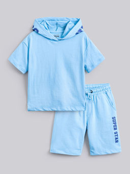 Hopscotch - Blue Cotton Hooded T-shirt & Shorts