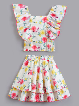 Hopscotch - White Ruffle Floral Skirt & Blouse