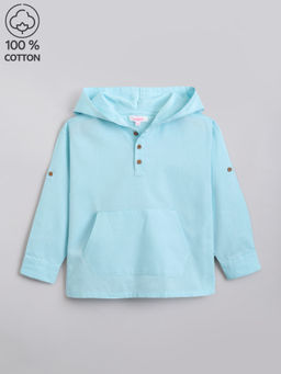 Hopscotch - Blue Cotton Linen Hooded Neck Hoodie