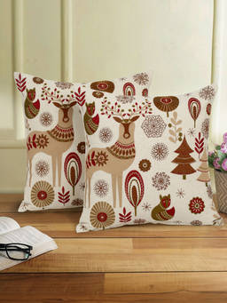 Eyda - Beige Cotton Linen Embroidered Cushion Cover Set of 2 (18x18 inch)