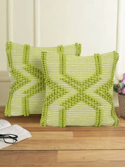 Eyda - Parrot Green Cotton Hand Woven Cushion Cover Set of 2 (16x16 inch)