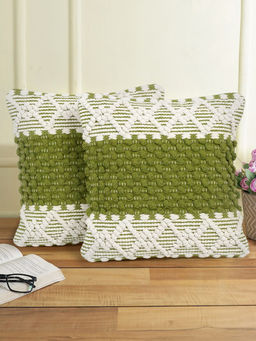 Eyda - White & Green Cotton Hand Woven Cushion Cover Set of 2 (16x16 inch)