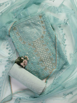 Swtantra - Blue Embellished Unstitched Kurta and Bottom With Dupatta (Set of 3)