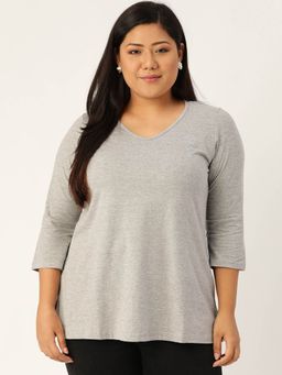 theRebelinme - Plus Size Womens Light Grey Solid V-Neck 3/4th Sleeve T-Shirt