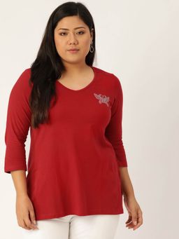 theRebelinme - Plus Size Womens Maroon Solid V-Neck 3/4th Sleeve T-Shirt