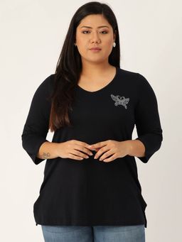 theRebelinme - Plus Size Womens Navy Blue Solid V-Neck 3/4th Sleeve T-Shirt