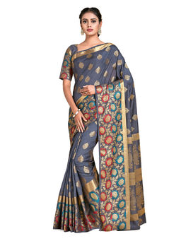 Mimosa - Grey Kanjivaram Style Art Silk Saree With Unstitched Blouse