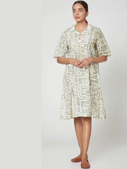 Banana Labs - White And Olive Green Printed Midi Dress