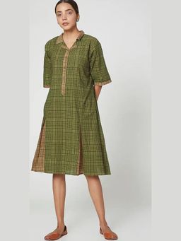 Banana Labs - Olive Green Cotton Hand Block Printed Midi Dress