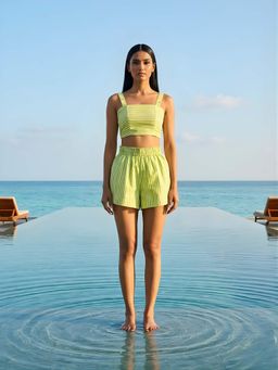 Poppi - Green Linear Printed Shirt and Shorts Set with Bustier