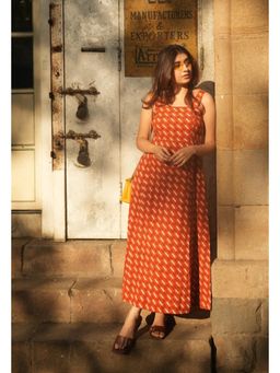 The Indian Ethnic Co. - Shanaya Orange Dabu Slub Cotton A Line Maxi Dress
