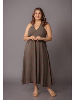 The Indian Ethnic Co. - Priti Grey Bandhani Cotton A Line Midi Dress