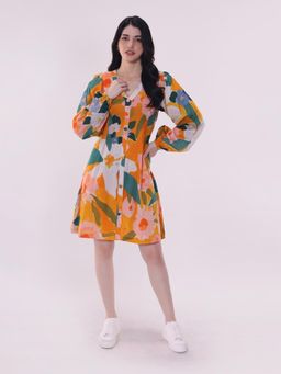 Poppi - Mustard Elara Printed V-Neck Dress