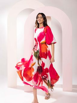 Poppi - Red Zinnia Printed Midi Dress