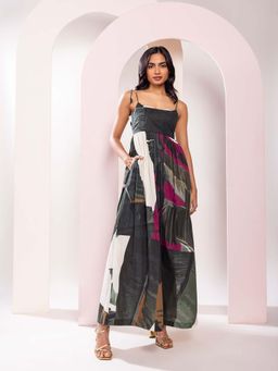 Poppi - Black Tropica Printed Scallop Maxi Dress