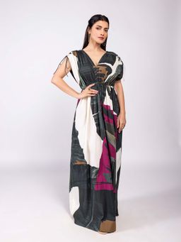 Poppi - Black Tropica Printed V Neck Maxi Dress
