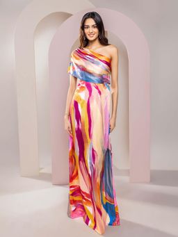 Poppi - Cream Fresco Printed One Shoulder Dress