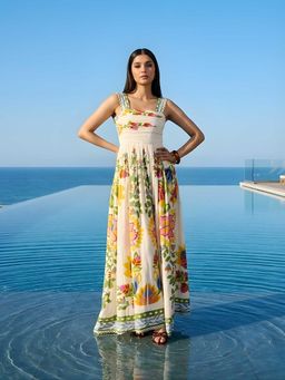 Poppi - Cream Vine Printed Maxi Dress