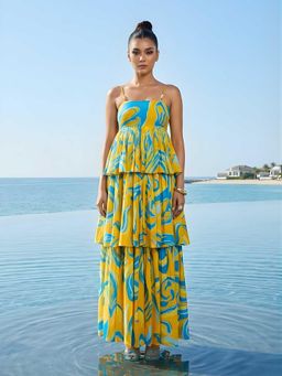 Poppi - Green Ripple Printed Ruffled Maxi Dress