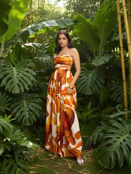 Poppi - Brown Fall Printed Strappy Dress