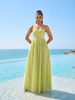 Poppi - Green Linear Printed Maxi Dress