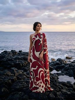 Poppi - Wine Rustic Printed Kaftan Dress