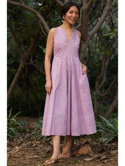 Okhai - Soft Serenade Hand-Block Printed Purple Pure Cotton Dress