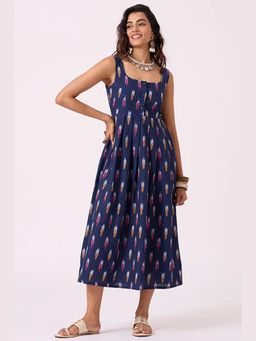 Okhai - Blue Haze Pure Cotton Ikat Blue Sleeveless Dress