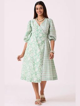 Okhai - Pasture Hand Embroidered Pista Green Hand Block Printed Pure Cotton Wrap Dress