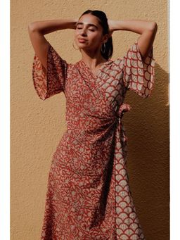 Okhai - Red Heart Handblock Printed Pure Cotton Wrap Dress