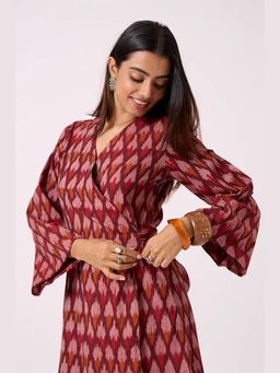 Okhai - Pomello Pure Cotton Ikat Maroon Wrap Dress