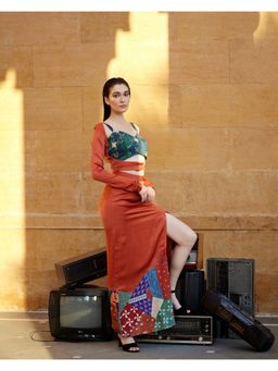 Amrood - Burnt Orange Hand-Block Patched Skirt with Jacket and Blouse
