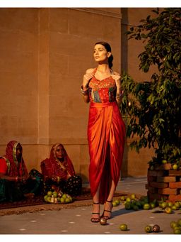 Amrood - Burnt Orange Satin Drape Skirt with Hand-Block Corset