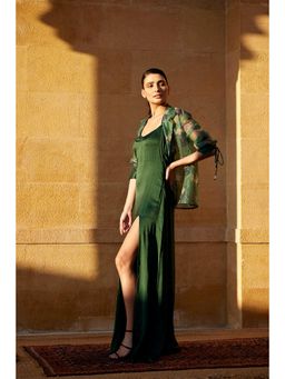 Amrood - Evergreen Satin Haltered Slit Long Dress With Hand Block Organza Jacket