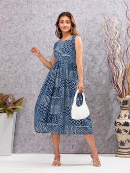 Meeta's - Ayeesha Indigo Hand Block Printed Cotton A Line Midi Dress