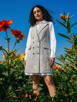 House of Fett - Grey Misty Gardenia Embroidered Dress And Jacket Set