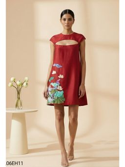 THETAA - Red Sera Women Embroidered Chanderi Red Cotton Dress