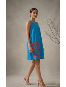 THETAA - Blue Amara Women Hand-Embroidered Blue Cotton Poplin Dress