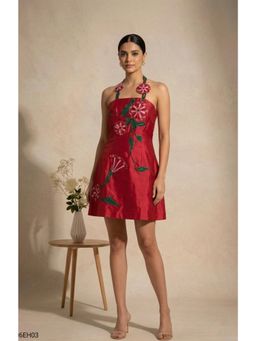 THETAA - Red Rosa Women Embroidered Chanderi Red Cotton Dress
