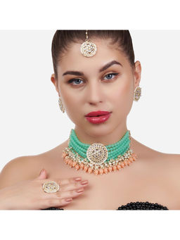 Zaveri Pearls - Green and Peach Multistrand Necklace, Earring, Maangtikka and Ring (Set of 4)