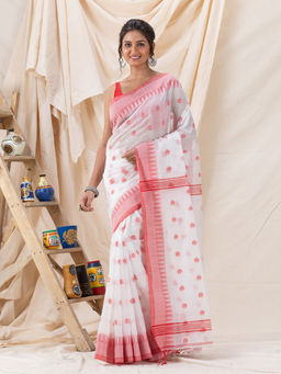 Angoshobha - Traditional White Cotton Blended Tangail Saree with Unstitched Blouse