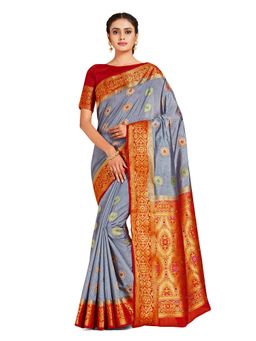 Mimosa - Grey Dharmavaram Style Art Silk Saree With Unstitched Blouse