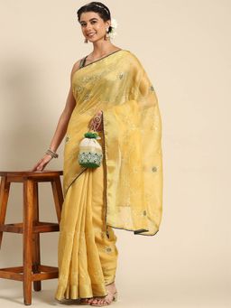 Odette - Yellow Cotton Embroidered Saree with Unstitched Blouse