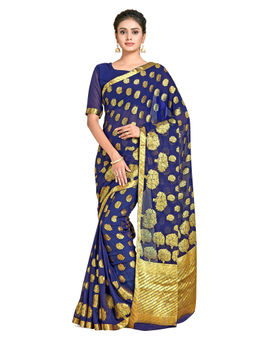 Mimosa - Navy Blue Banarasi Style Chiffon Saree With Unstitched Blouse
