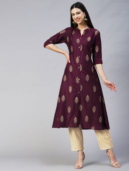 FASHOR - Ethnic Printed A-line Kurta - Wine