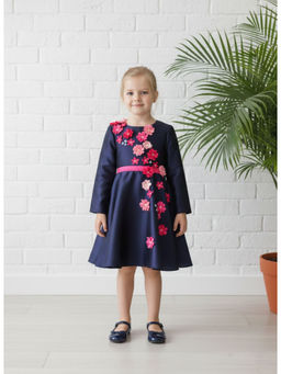 A Little Fable - Navy Blue Polyester Full Sleeves Round Neck Dress