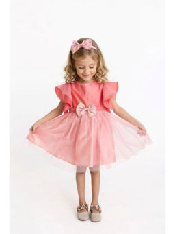 A Little Fable - Pink Polyester Ruffled Sleeves Round Neck Dress
